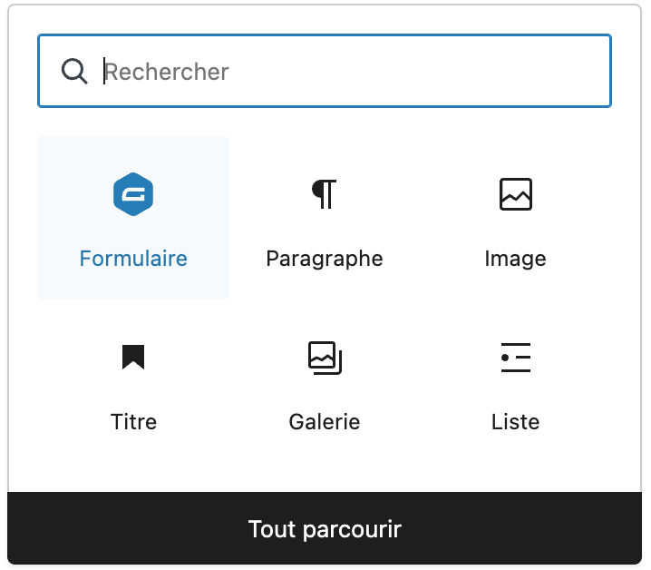 Le bloc Formulaire pour ajouter un formulaire Gravity Forms dans une page sur WordPress