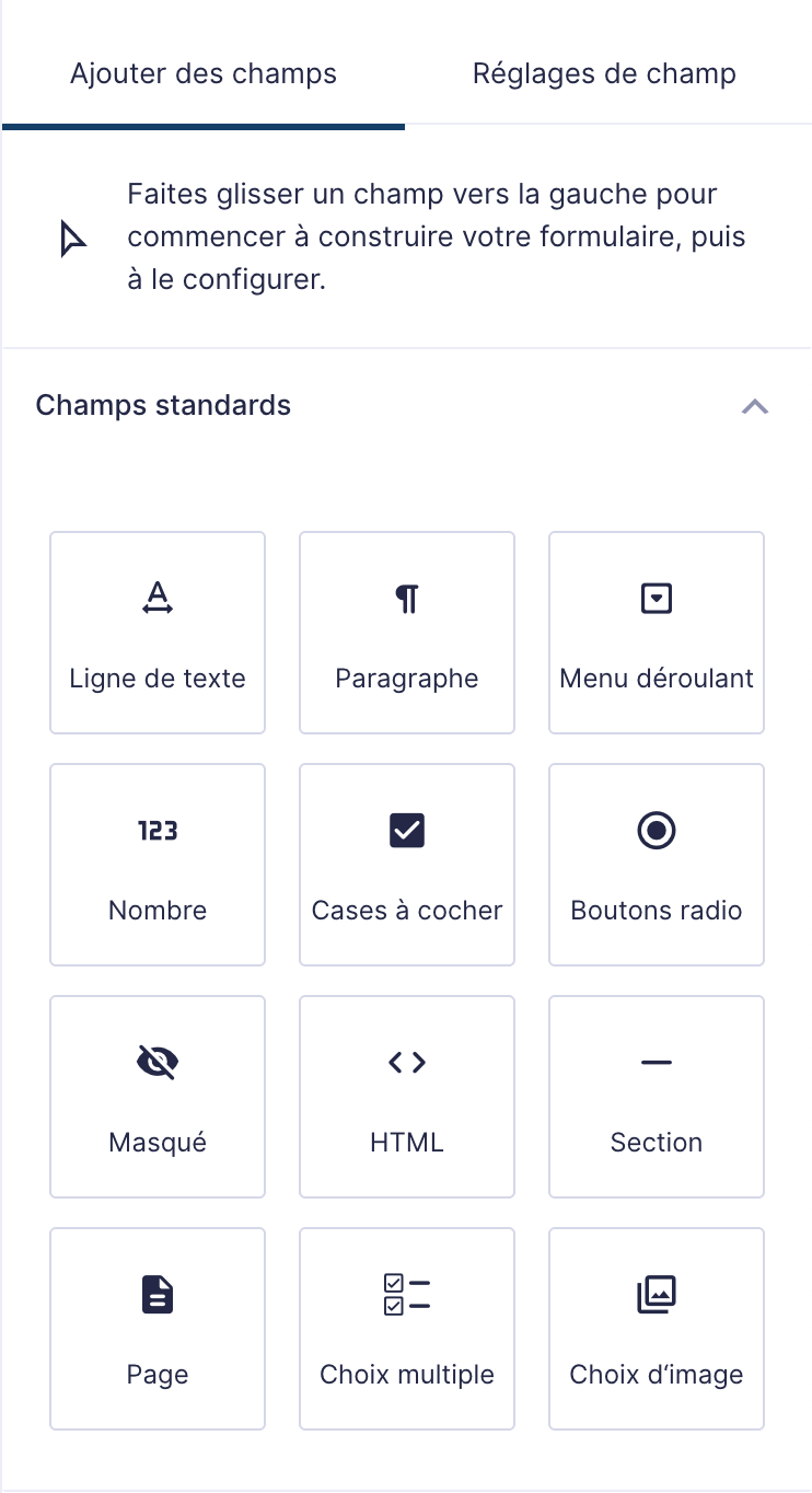 Les champs disponibles avec Gravity Forms