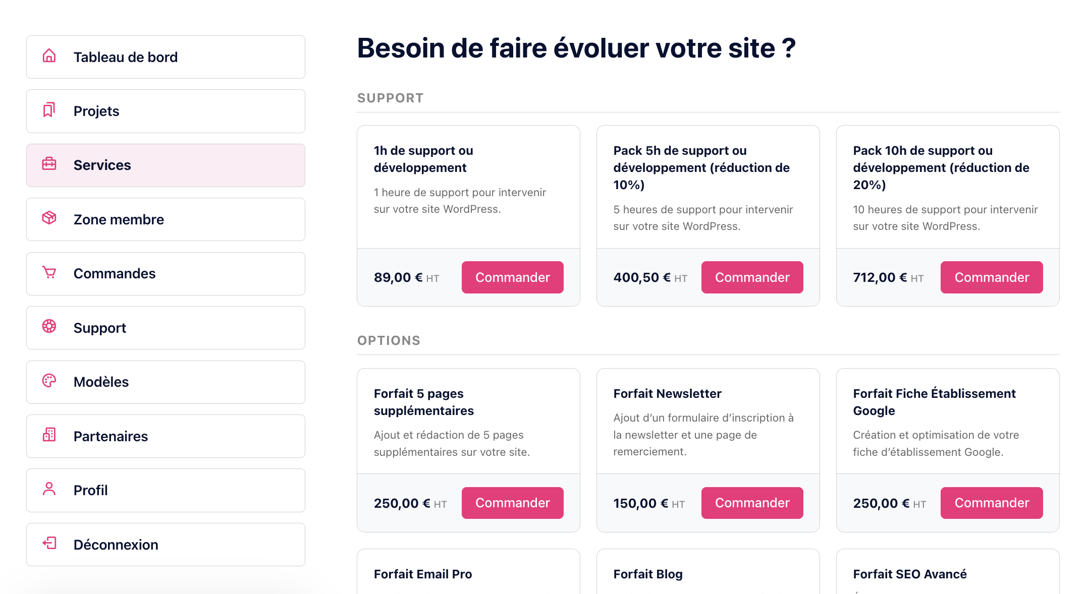 Les services disponibles sur WPMarmite Start