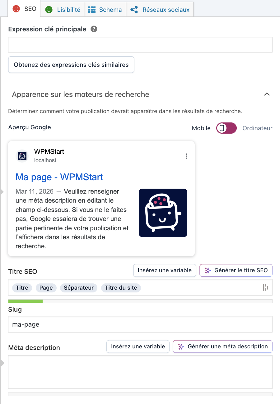 L'encart Yoast SEO pour optimiser une page pour le référencement naturel.