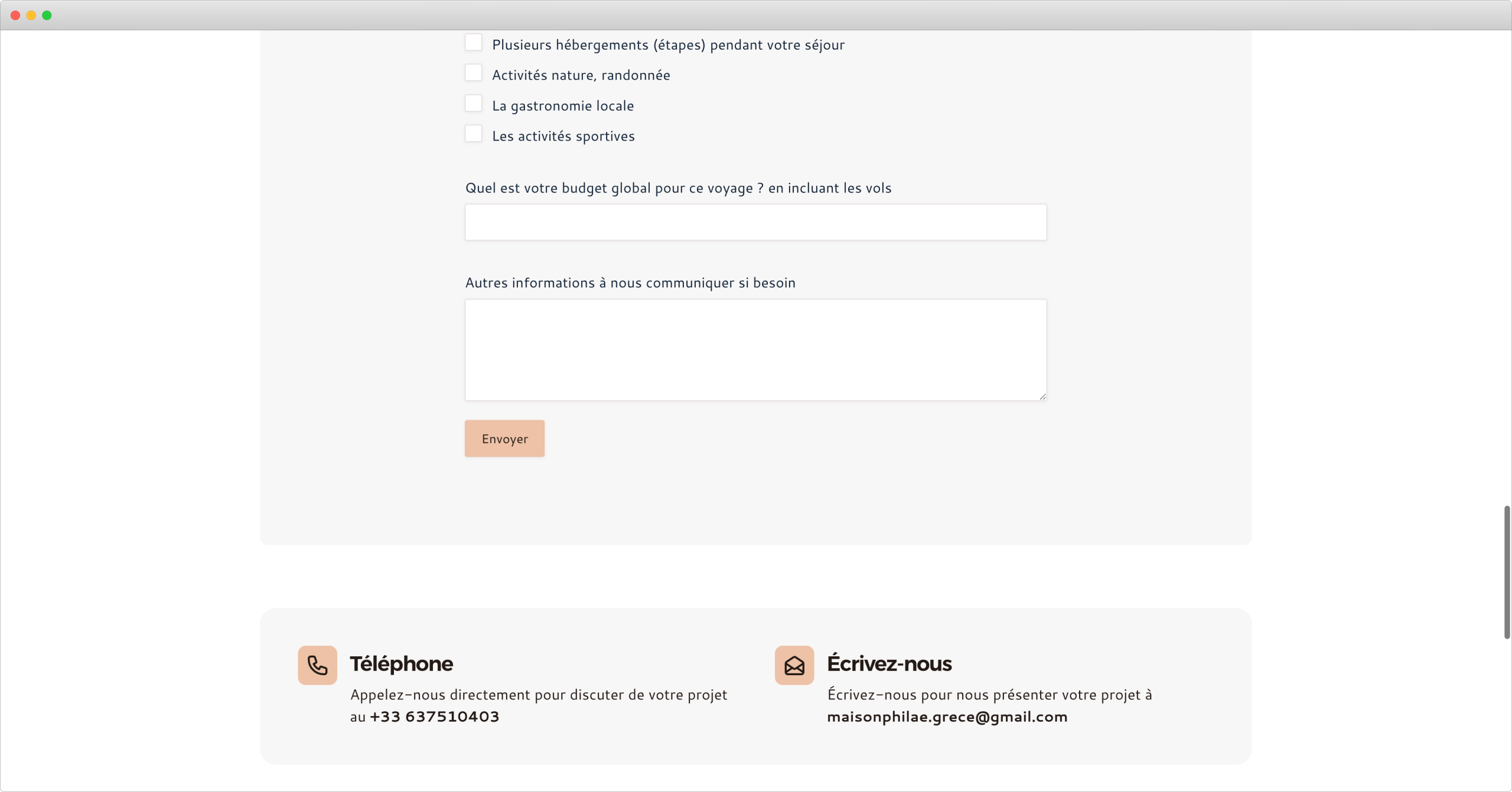 La page Contact du site de Maison Philaé