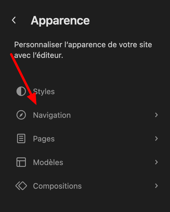 Menu Navigation dans l'éditeur de site de WordPress
