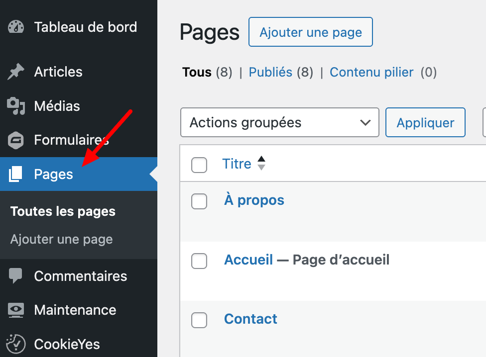 Le menu « Pages » de WordPress