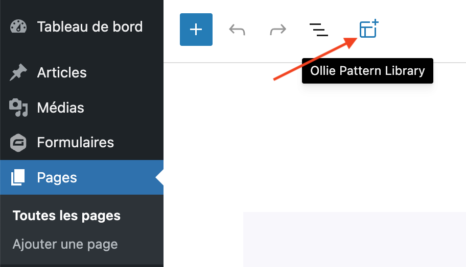 Le menu « Ollie Pattern Library » dans WordPress