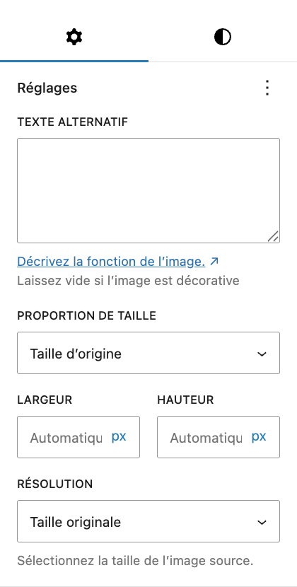 Réglages d'un bloc Image dans WordPress