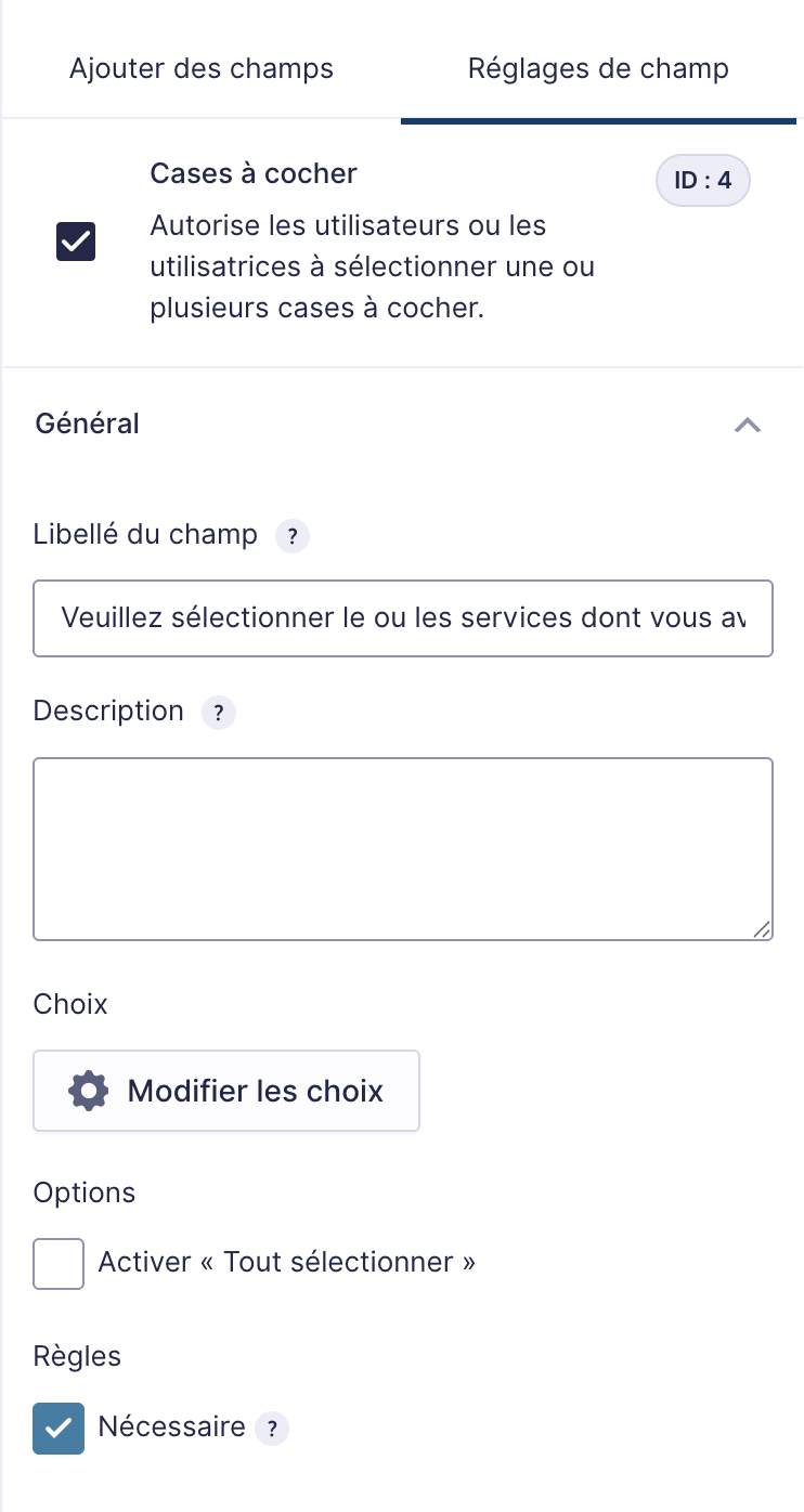 Réglages d'un champ dans Gravity Forms