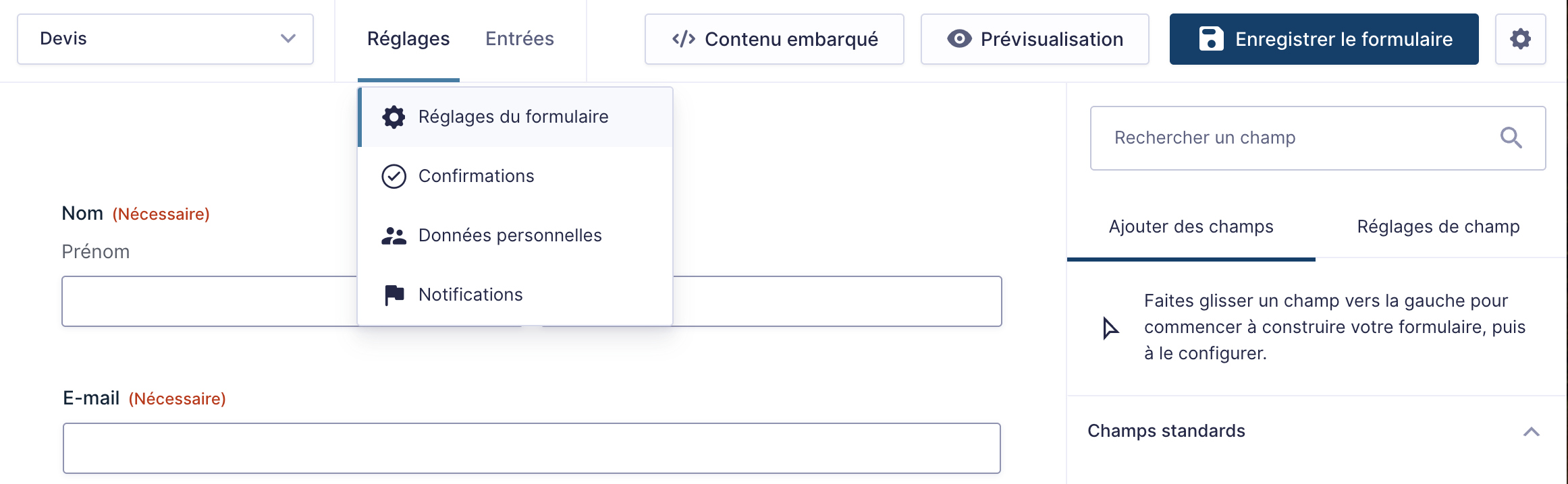 Réglages d'un formulaire dans Gravity Forms