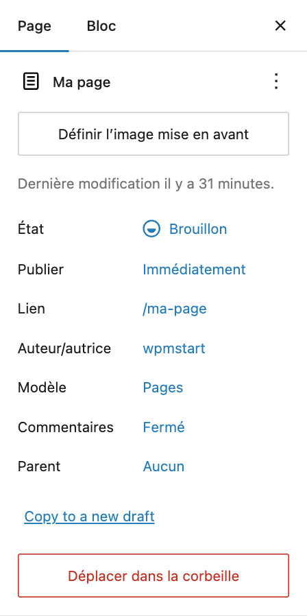 Réglages d'une page dans WordPress
