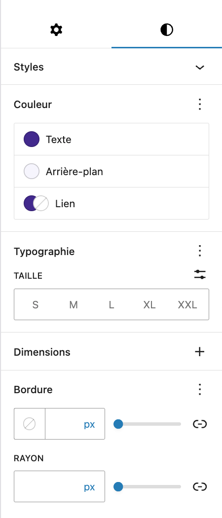Les options de style d'un bloc WordPress
