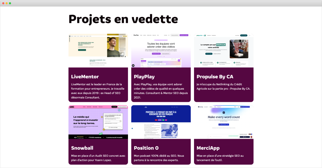Le section Projets en vedette du site de Thomas Meyer